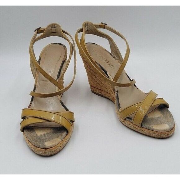 BURBERRY Womens Tan Patent Leather Criss Cross Wedge Espadrilles Sandals Sz 39.5 - Picture 1 of 9